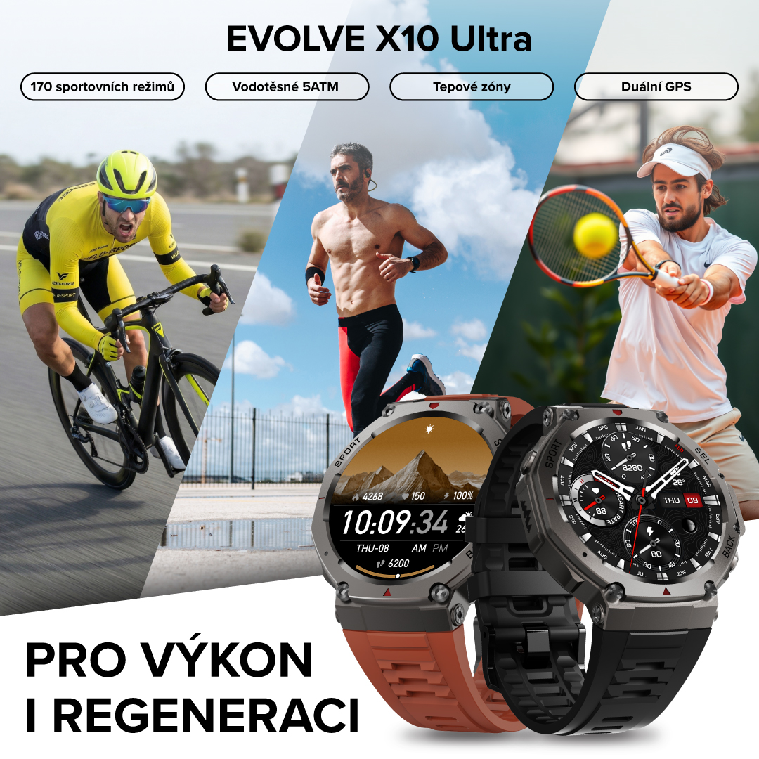 Chytré hodinky EVOLVE X10 Ultra, AMOLED displej, volání, duální GPS, odolnost IP69K, certifikace MIL-STD-810H, Gorilla glass, kompas, 170 sportovních režimů