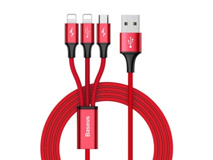 Baseus multifunkční nabíjecí a datový kabel 3v1 Micro + 2x Dual Lightning 3A / délka 1.2M / Red