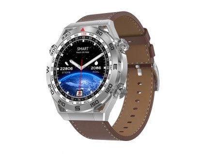 Chytré hodinky Lige N.01 Ultra stříbrné / NFC / GPS / AMOLED displej / hnědý kožený řemínek / N-X05