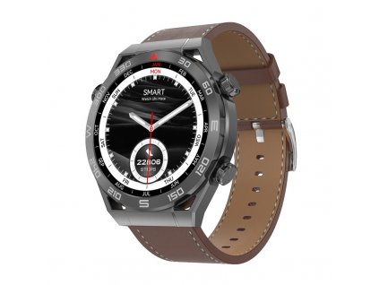 Chytré hodinky Lige N.01 Ultra černé / NFC / GPS / AMOLED displej / řemínek hnědá kůže / N-X08