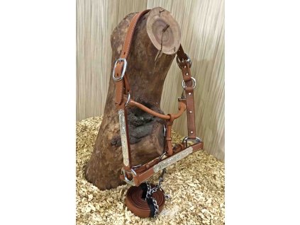 Haltrová Show kožená ohlávka a vodítko s řetízkem, chestnut