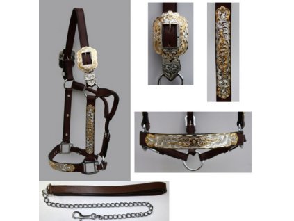 Premium Show halter ohlávka s vodítkem, tmavě hnědá s silver/gold doplňky