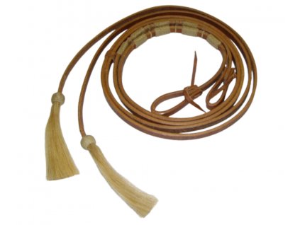 Kožené dělené otěže se střapcem z koňských žíní a rawhide oplety