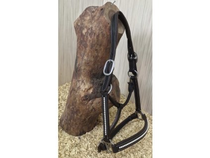 Kožená ohlávka se Swarovski perlami, tmavě hnědá