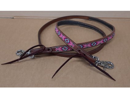 Westernové otěže s růžovými korálky 3/8″ pony, jednodílné, dark chestnut