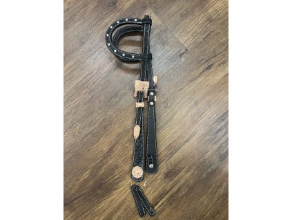 Westernová uzdečka s kamínky, černá s rosegold kováním, dvououška