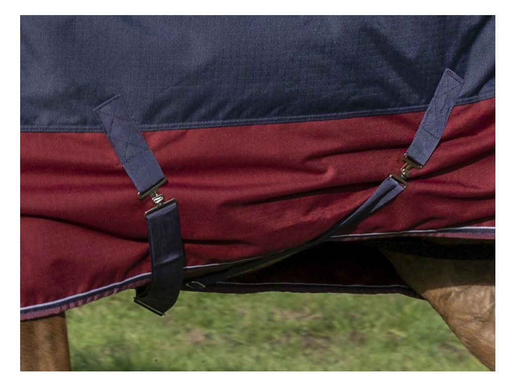 Výběhová deka EQUITHEME HighNeck 150g TYREX 1200D, modrá/burgundy, 145 cm/190 cm