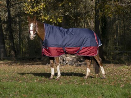 Výběhová deka EQUITHEME HighNeck 150g TYREX 1200D, modrá/burgundy, 155 cm/206 cm