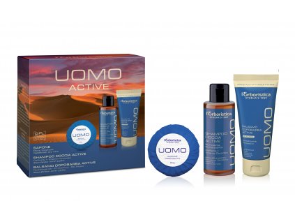 Erboristica UOMO Active Kosmetická sada pro muže – sprchový gel a šampon 2v1 100 ml, balzám po holení 100 ml, tuhé mýdlo 50 g