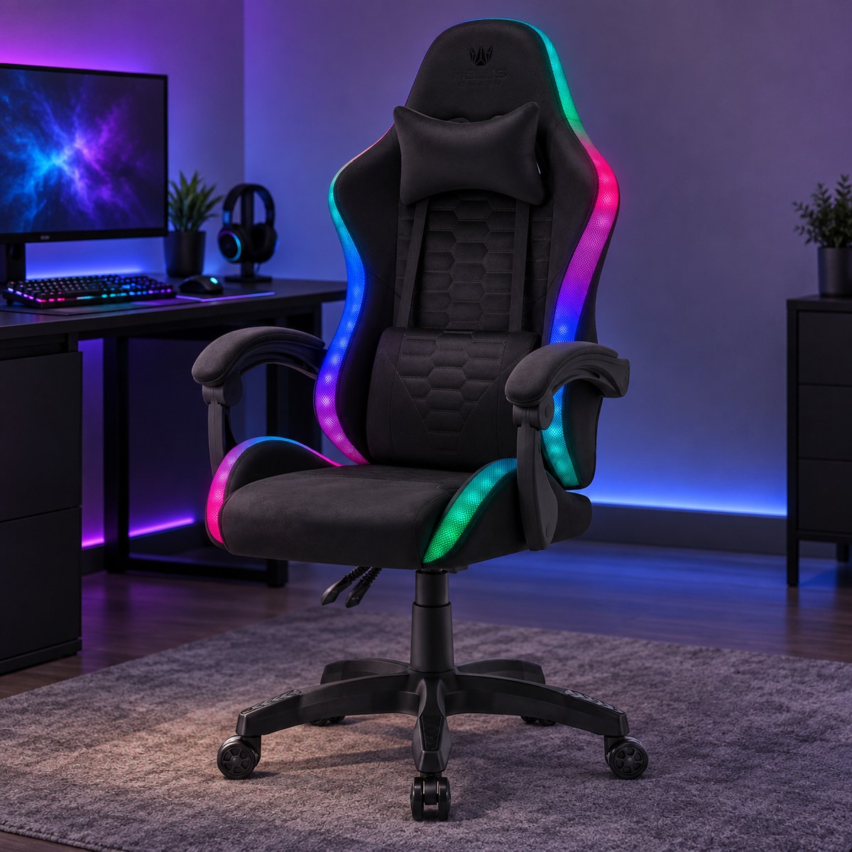 Herné kreslo HC-1000 čierne, velúrová látka s LED od Hell's Chair