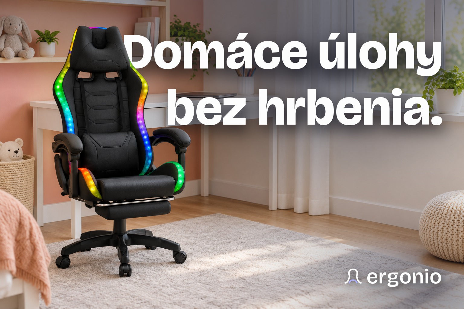 Detská herná stolička Hell's Chair HC-1039 2.0 KIDS s LED v detskej izbe. Domáce úlohy bez hrbenia.