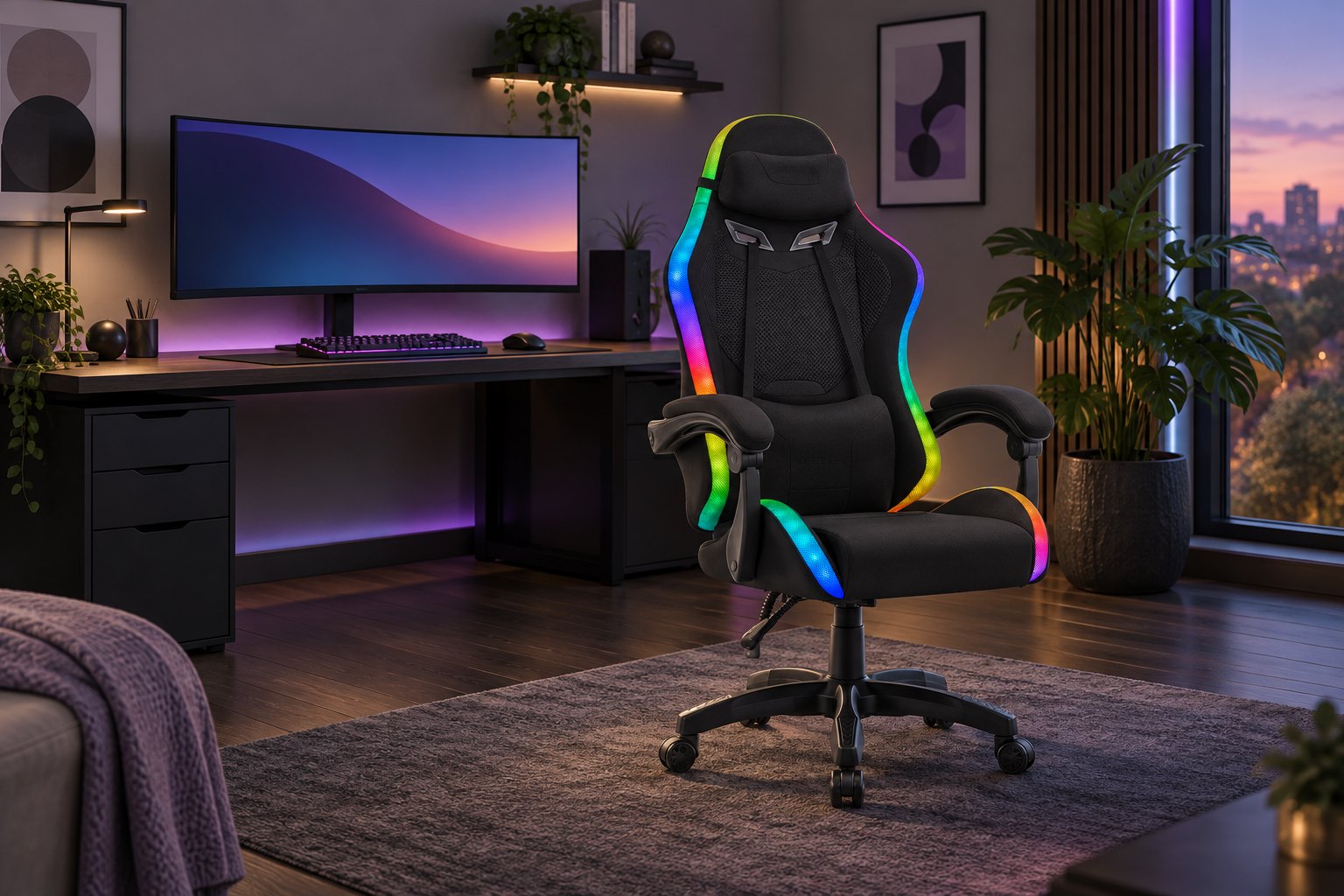 Herné kreslo s LED podsvietením Hell's Chair HC-1012 v hernej izbe (vizualizácia)