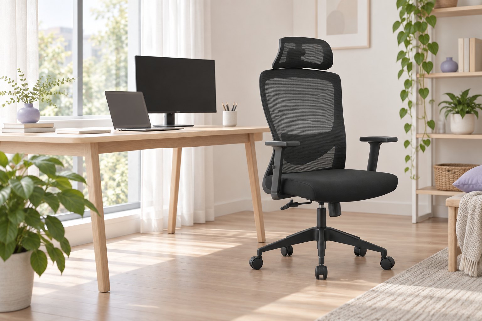 Kancelárske stoličky Hell's Chair pri pracovnom stole v domácej pracovni (vizualizácia)