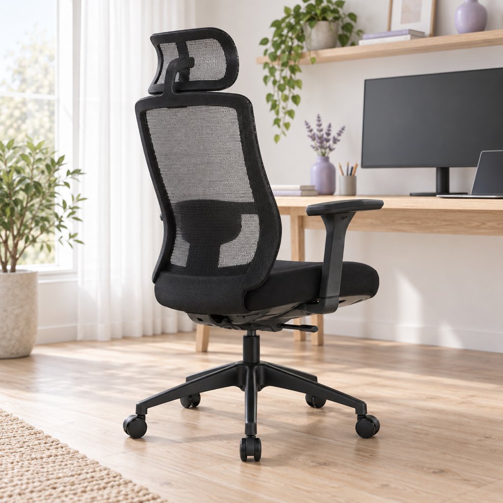 Ergonomická stolička HC-1046 Premium Mesh zozadu: sieťované operadlo a bedrová opierka 3D (vizualizácia)