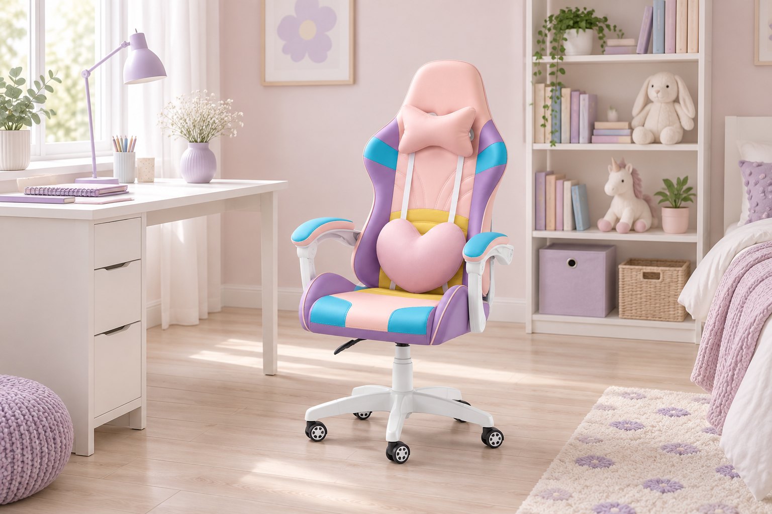Ružová herná stolička Hell's Chair Rainbow KIDS 2.0 v detskej izbe (vizualizácia)