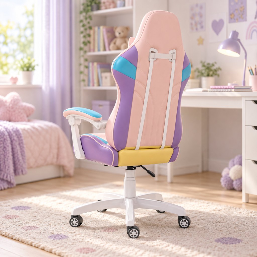 Ružová herná stolička Rainbow KIDS 2.0 pri písacom stole (vizualizácia)