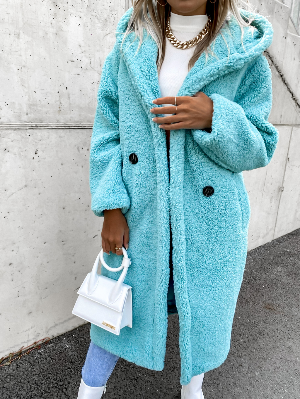 Tyrkysový delší kabát LEXIE s kapucí | ErikaFashion.cz