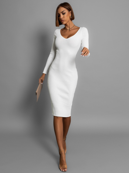 Bílé žebrované midi šaty LOUTEN s dlouhým rukávem