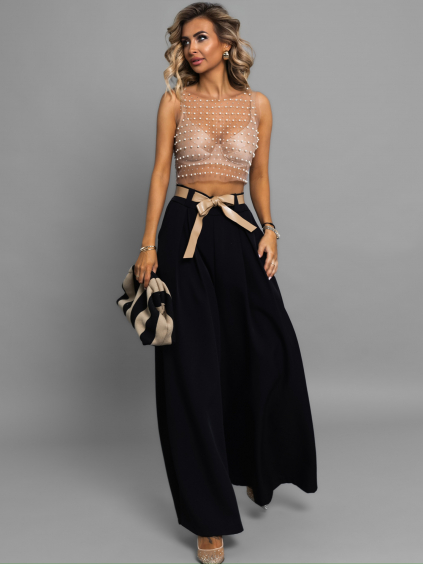 ern elegantn wide leg irok kalhoty LARITIS s pskem
