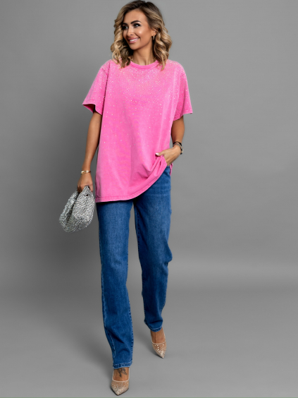 Růžové třpytivé oversize tričko NOEMI s kamínky
