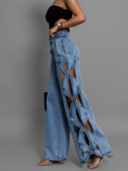 Modré široké wide leg džíny MORINDA s průstřihy