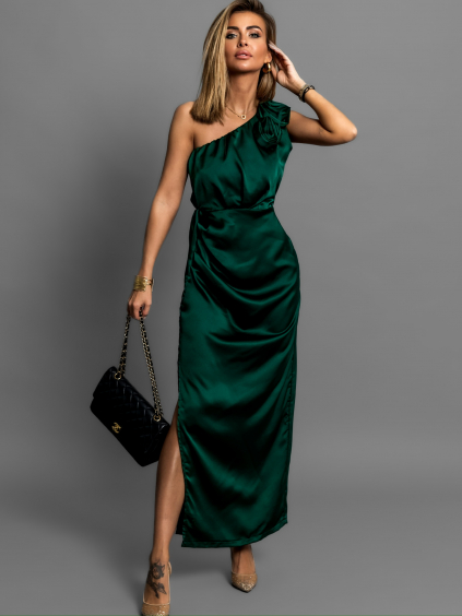 Smaragdové saténové midi šaty ROULES