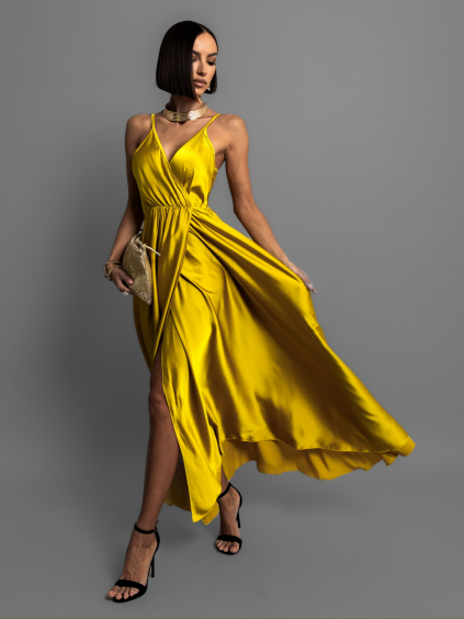 Žluté dlouhé lesklé šaty PERFECTLY