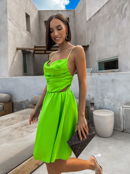 Světle zelené lesklé elegantní šaty JEWELRY s průstřihy