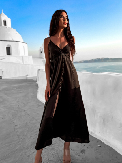 Černé lesklé elegantní šaty MAILE s knoflíčky