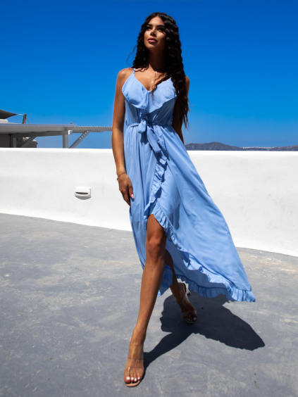 Modré volánkové šaty RHEA na ramínka
