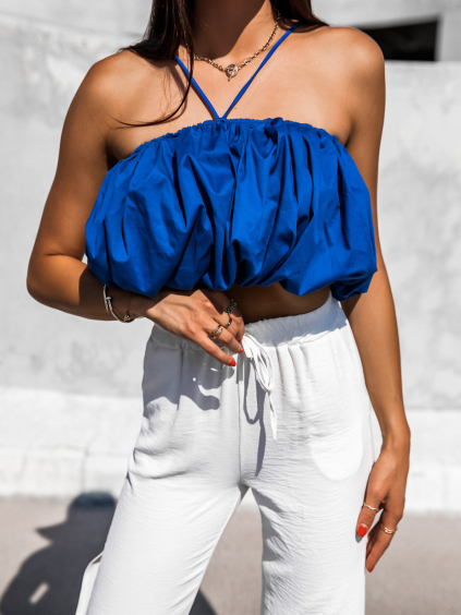 Modrý řasený crop top MONTEREY