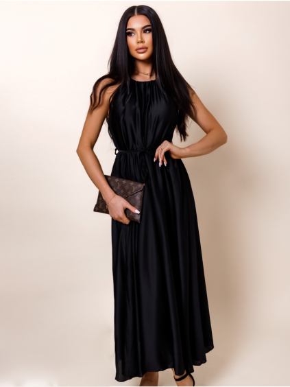 Černé dlouhé lesklé elegantní šaty MADES se zavazováním