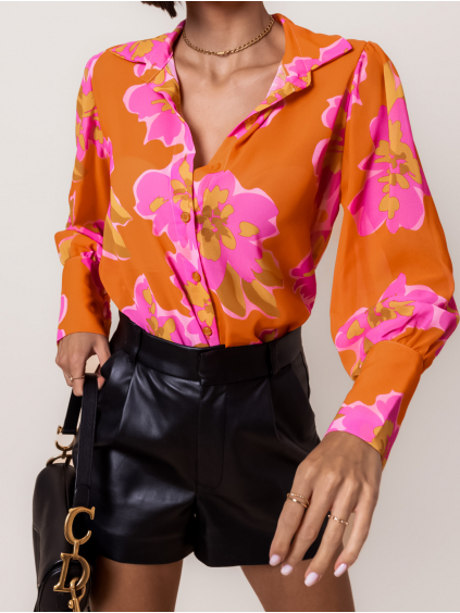 Oranžová elegantní košile MENSA s květinovým vzorem