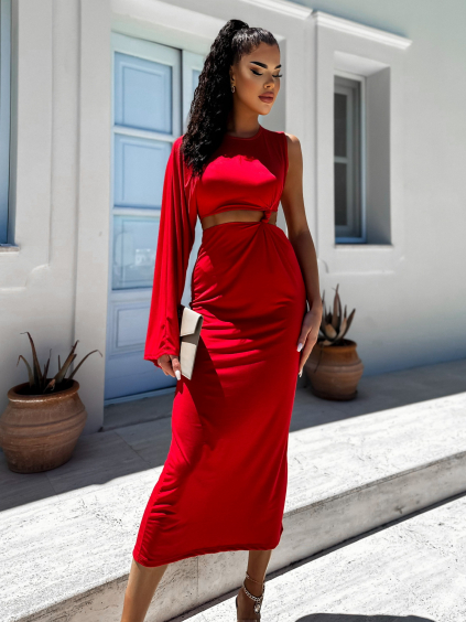 Červené dlouhé elegantní šaty NONIENY s průstřihem