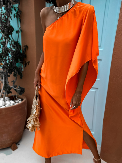 Oranžové elegantní šaty HUDIESI přes rameno
