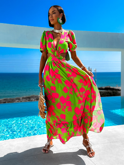 Zeleno růžové elegantní šaty CYPREY se vzory
