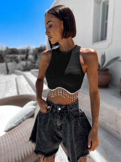 Černý elegantní crop top POMPENE se stříbrným detailem