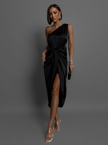 Černé lesklé elegantní šaty LIBIOSI na jedno rameno
