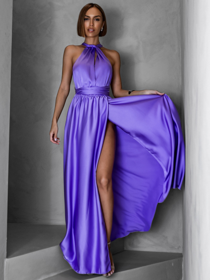 Fialové lesklé šaty VALERDI s variabilním vázáním / s rozparkem