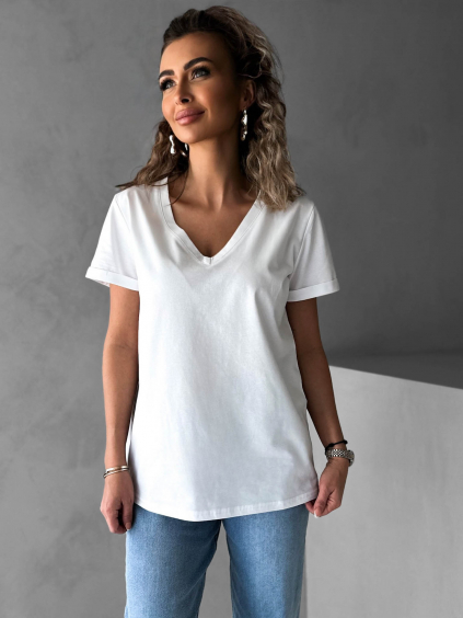 Bílé bavlněné zakladní  basic tričko MELAHAT s V výstřihem