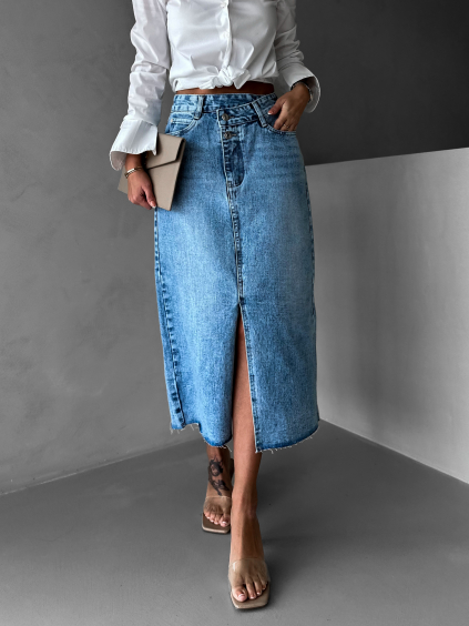 Modrá denim dlouhá džínová sukně GIRAFEL s rozparkem