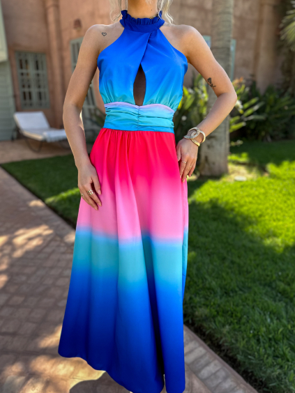 Modrorůžové dlouhé duhové elegantní šaty ANYAS