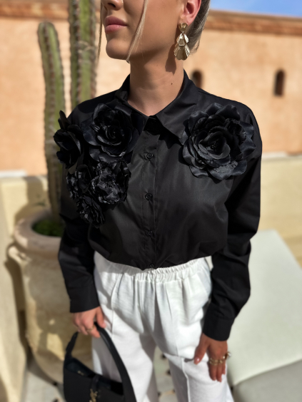 Černá dlouhá košile s 3D květinami XATEL