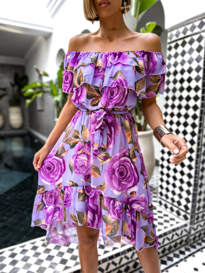 Fialové letní květinové šaty ROCCO s volánky