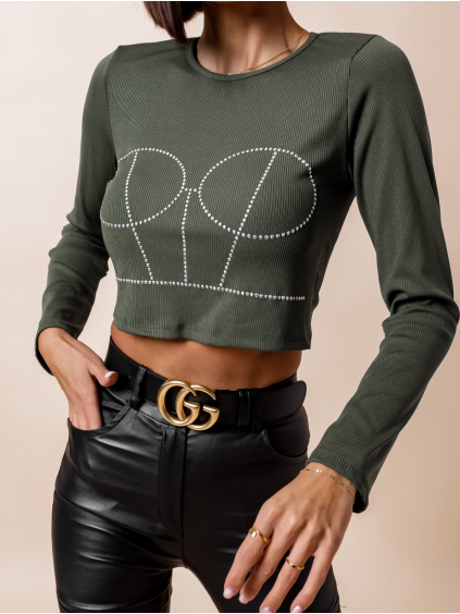 Khaki crop top AFRA s kamínky (Velikost ONESIZE)