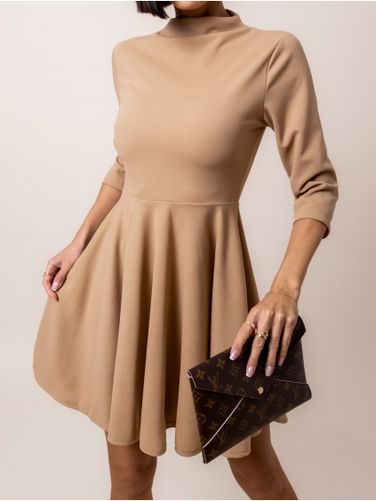Svetlo hnedé elegantné šaty GROUND s dlhým rukávom (Veľkosť ONESIZE)
