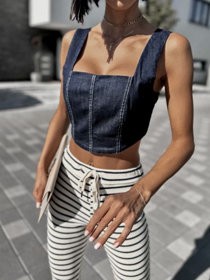 Tmavě modrý denim crop top VEGASI (Velikost ONESIZE)