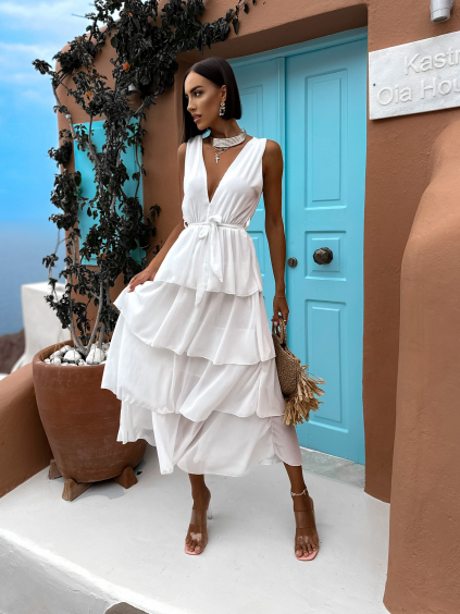 Biele elegantné šaty SUSANI s volánikmi (Veľkosť ONESIZE)