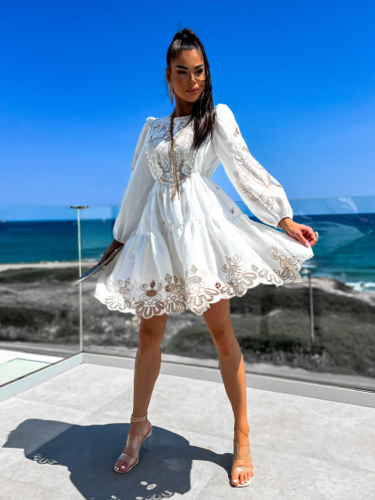 Biele krajkové šaty bavlna / ľan RAYNELI (Veľkosť S/M)
