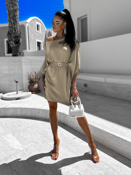 Béžové elegantné šaty WOLKA s opaskom (Veľkosť ONESIZE)